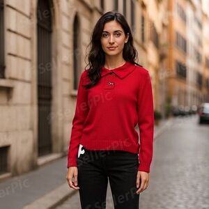 Ralph Lauren Jeans CO. Red Shawl Collar Cable Knit Sweater w/ Aged Metal Clasps